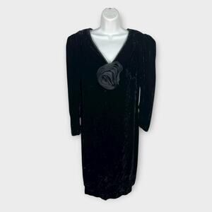 80s L Magnin Black Velvet Long Sleeve Knee Length Evening dress Deep V Flower 8